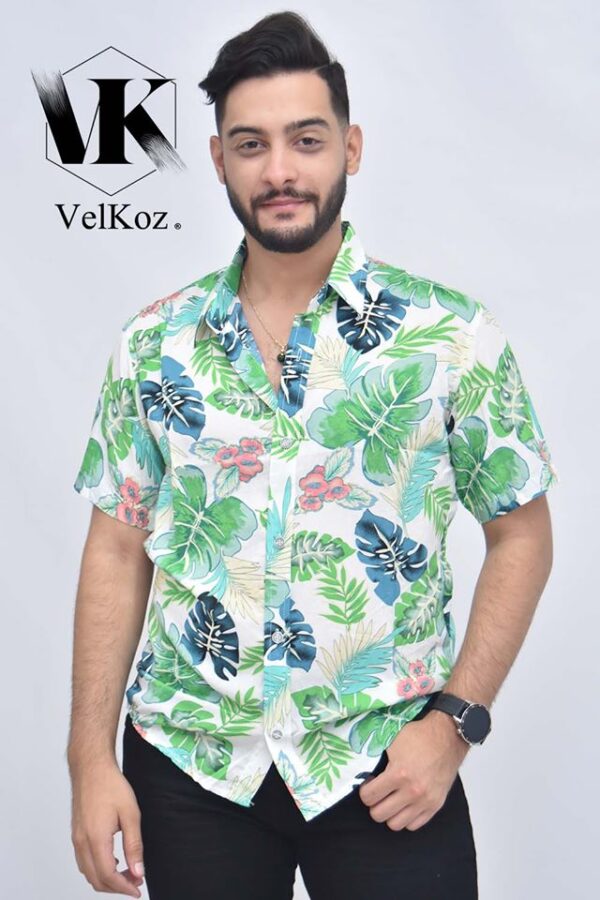 Camisa hawaiana con estampado de hojas verdes para hombre